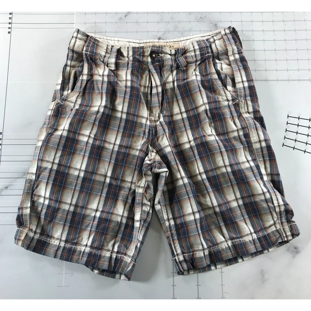 American Eagle Shorts Mens 30 Blue Orange White Plaid Longer Length - Picture 1 of 10